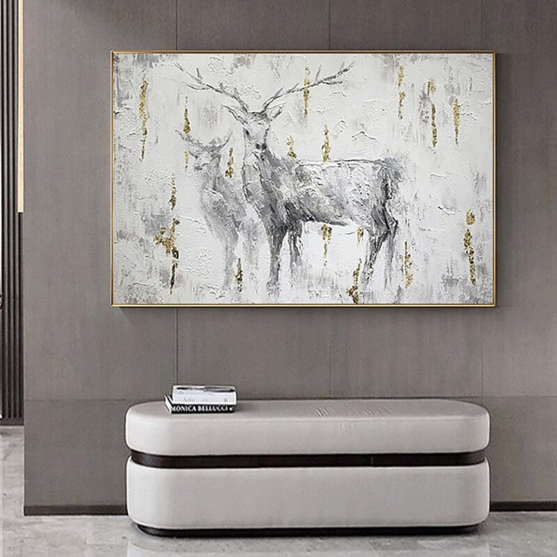 Handmade Oil Painting Canvas Wall Art Decoration Animal Oil Painting Black and White Style Abstract Sika Deer for Home Decor Rolled Frameless Unstretched Painting2