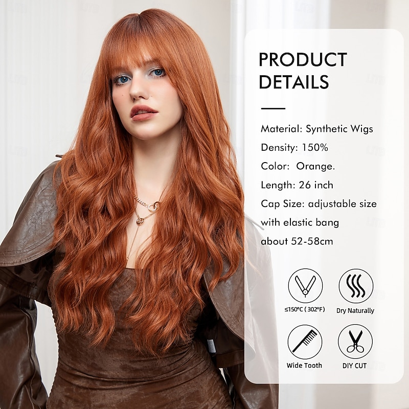 Synthetic Wig Curly Wavy Neat Bang With Bangs Machine Made Wig 26 inch Orange Synthetic Hair Women's Cute Cosplay Party Orange2
