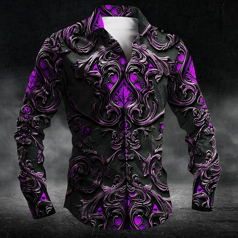 Men's Halloween Costumes Day of the Dead Button Up Shirt Long Sleeve Dark Party Evening Wear Business Daily Fall Winter Spring & Summer Shirt Collar Button Up 3D Print Red Purple Orange Green Dark2