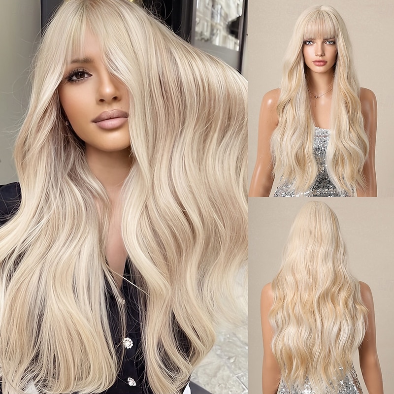 Synthetic Wig Curly Wavy Neat Bang With Bangs Machine Made Wig 26 inch Blonde Synthetic Hair Women's Cute Cosplay Party Blonde