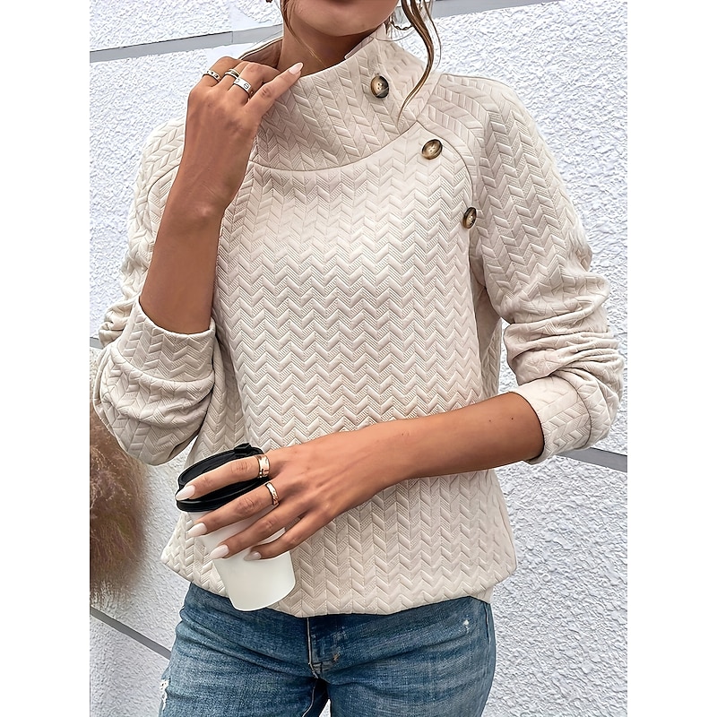 Women's Designer Sweatshirt Fashion Modern Plain Work Turtleneck Buttons Long Sleeve Khaki Spring Fall Winter4