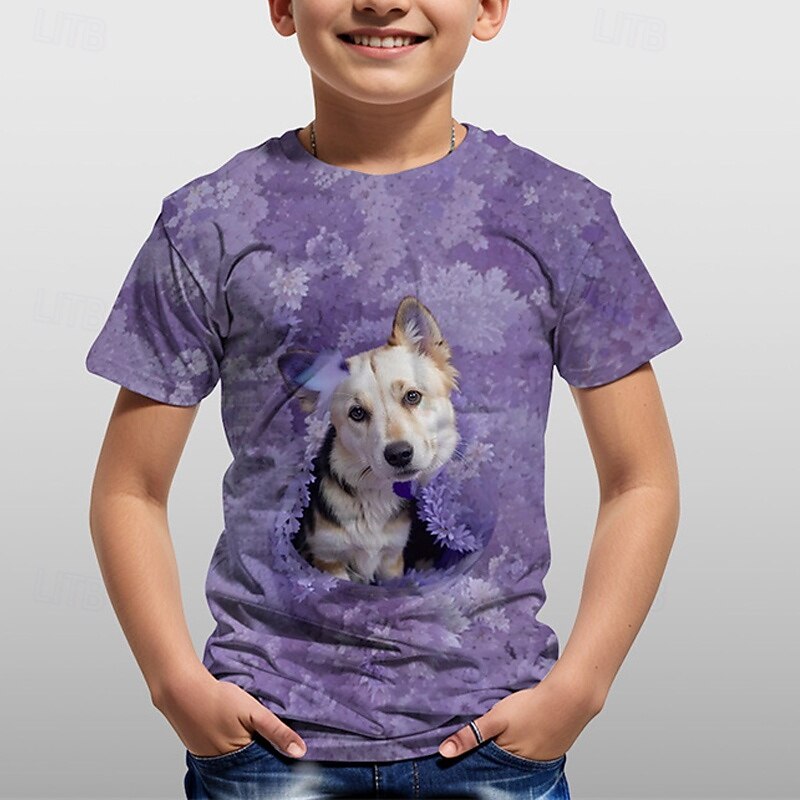 Boys 3D Graphic Animal Dog Tee Short Sleeve Summer Spring Fashion Basic Kids 4-12 Years Crew Neck Outdoor Casual Daily Regular Fit