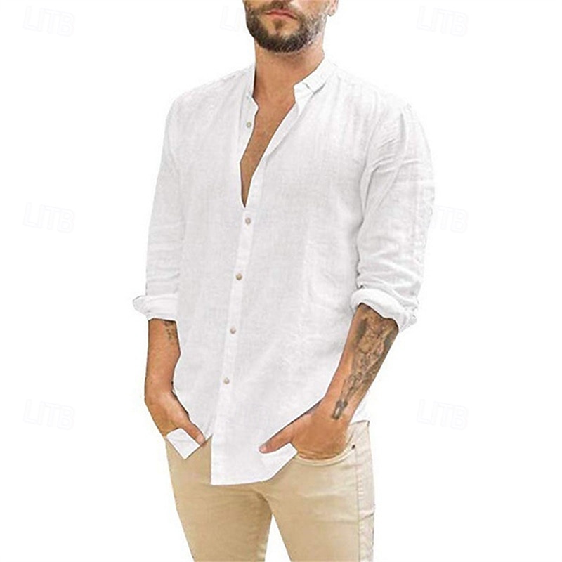 Men's Shirt Summer Shirt Casual Shirt Beach Shirt Button Up Shirt Black White Navy Blue Green Apricot Long Sleeve Plain Lapel Vacation Hawaiian Button-Down Clothing Apparel Polyester Fashion Casual2