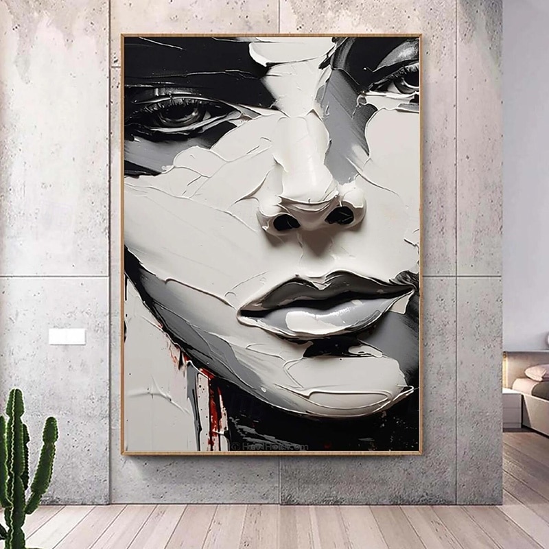 Beauty Sleeping Wall Art Abstract Face PaintingHand-painted Black and White Textured Painting Palette Knife Wall Art Home Decor Girl Face Girl's Room Home Decor Stretched Frame Ready to Hang4