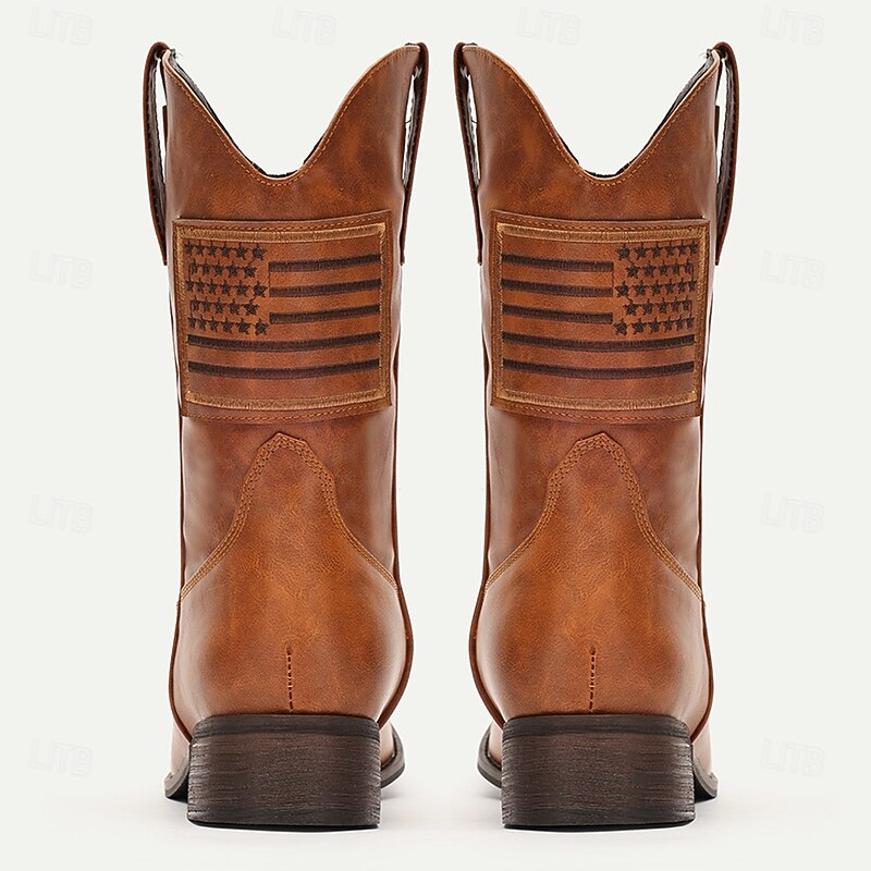 Men's Brown Faux Leather Western Cowboy Boots - Vintage Style with Unique Stitching and Striped Details for Outdoor Wear4