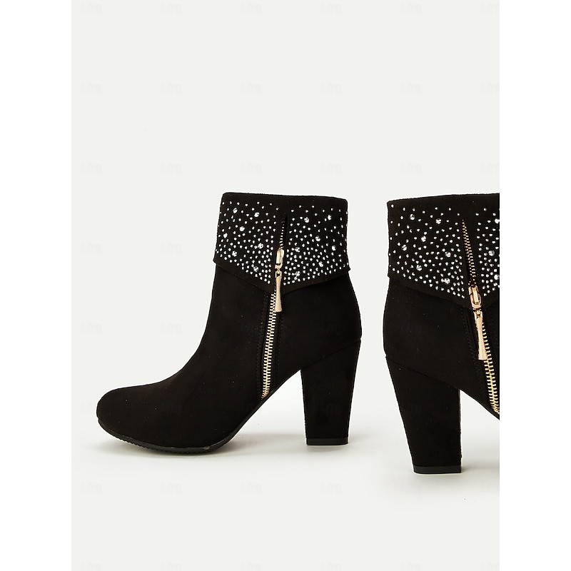 Stylish Black Ankle Boots with Rhinestone Detail - Chic Suede Finish, Side Zipper, Perfect for Evening Outfits and Special Occasions2