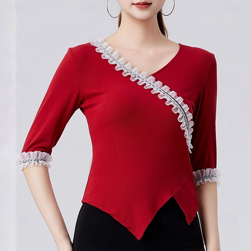Latin Dance Top Pure Color Ruffle Splicing Women's Performance Training Half Sleeve High Polyester