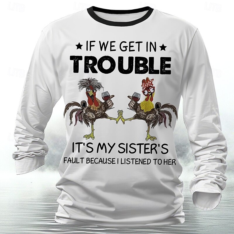 Men's Rooster Funny Slang T Shirt Long Sleeve T shirt 3D Print Crew Neck Shirt Designer Retro Vintage Street Casual Daily White Summer Spring Fall Clothing Apparel S M L XL XXL XXXL