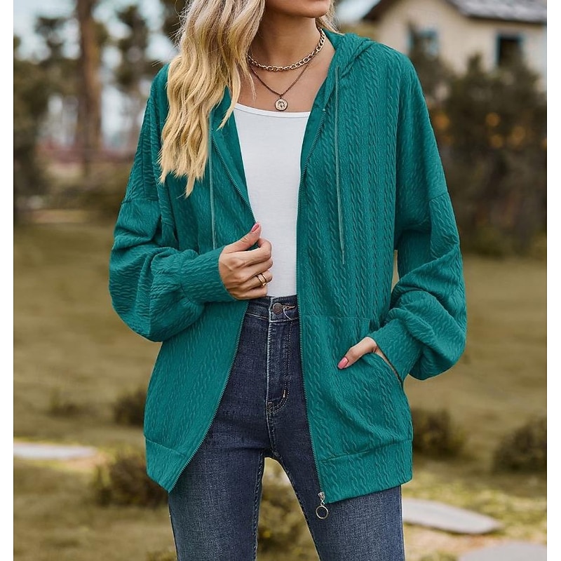 Women's Zip Up Hoodie Sweatshirt Modern Plain Dailywear Sports Hooded Zipper Pocket Loose Fit Long Sleeve White Red Blue Green Fall Winter