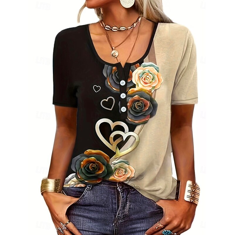Women's T Shirt Casual Ombre Floral Buttons Short Sleeve Regular Tops U Neck Daily Rose Gold Khaki Summer4