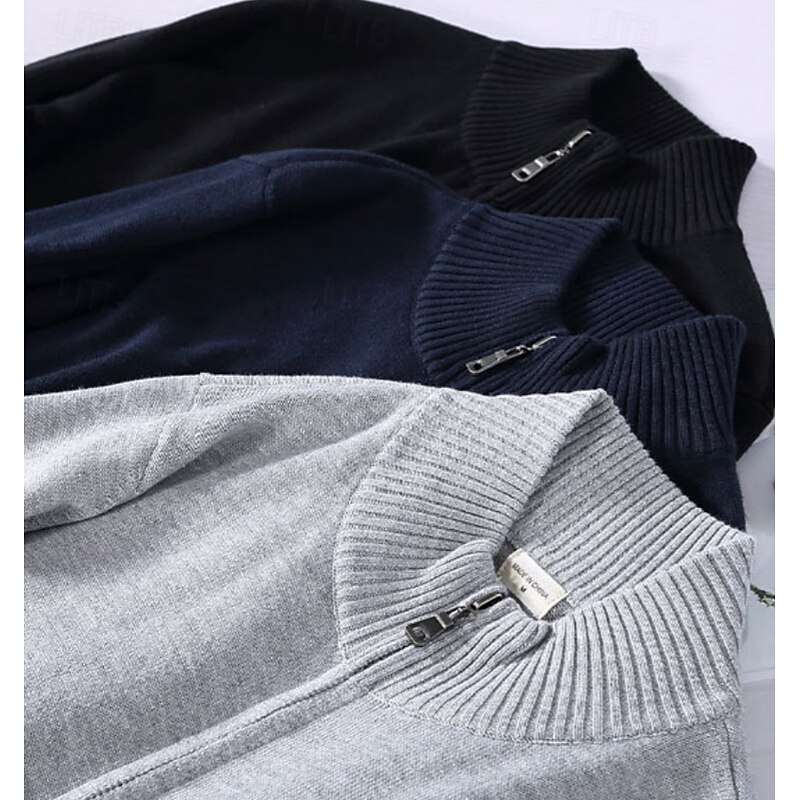 Men's Work Jacket Sweater Coat Hoodie Jacket Formal Home Warm Zipper Pocket Spring Fall Winter Solid Color Vintage Fashion Shirt Collar Regular Black Navy Blue Light Grey Jacket3