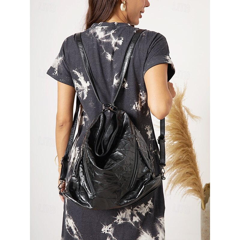 Sleek Women's Black Crinkle Patent Leather Hobo Bag – Spacious Shoulder Bag with Multiple Zipper Pockets for Everyday Use2