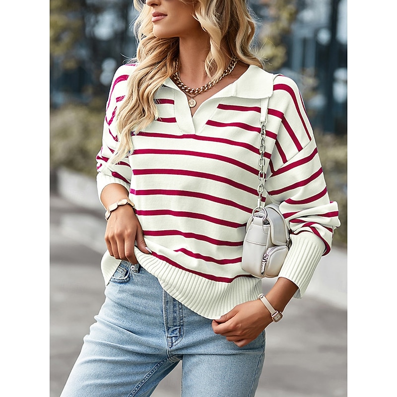 Women's Pullover Sweater Jumper Stylish Soft Solid Color Shirt Collar Knitted Long Sleeve Regular Tops Knit Work Wine Red Black Fall Winter