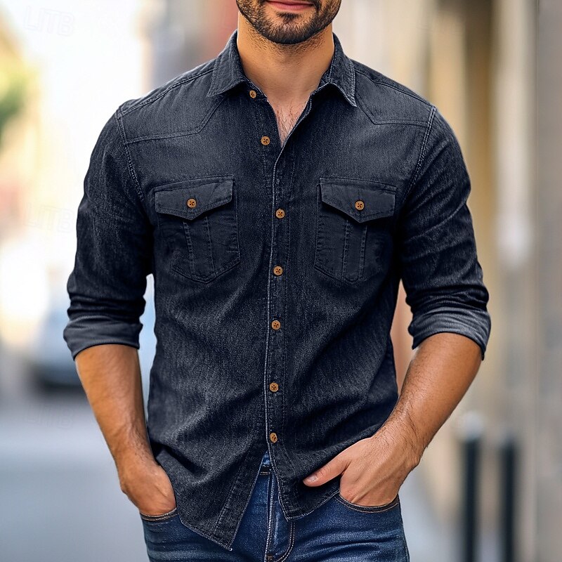 Men's Shirt Chambray Shirt Calico Shirt Casual Shirt Button Up Shirt Denim Shirt Denim Blue Black Navy Blue Light Blue Long Sleeve Plain Collar Vacation Daily Clothing Apparel Cotton Fashion Casual3
