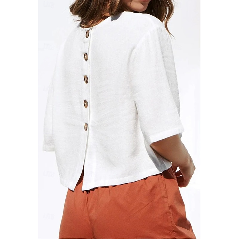 Women's Shirt Linen-Inspired Shirts Button Up 3/4 Length Sleeve Crew Neck White Summer Spring Fall