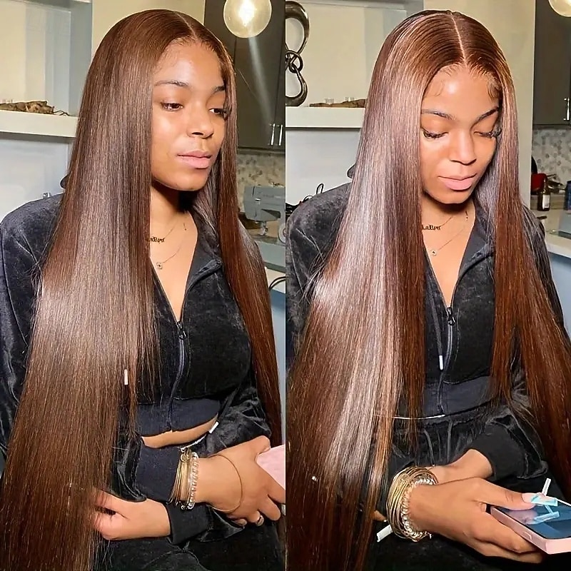 Human Hair 360 Lace Wig 4# Brown Transparent Straight Lace Front Human Hair Wigs