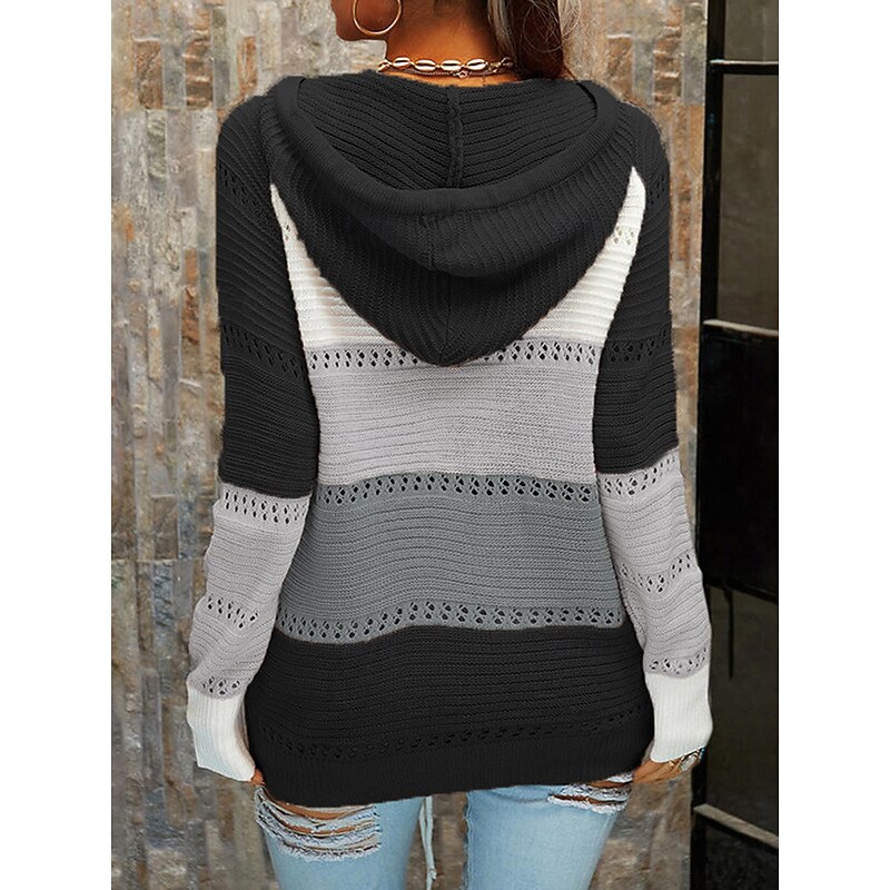 Women's Sweater Casual Sweater Casual Soft Color Block Crew Neck Lace up Hooded Long Sleeve Regular Tops Knit Outdoor Daily Weekend Black Pink Fall Winter3