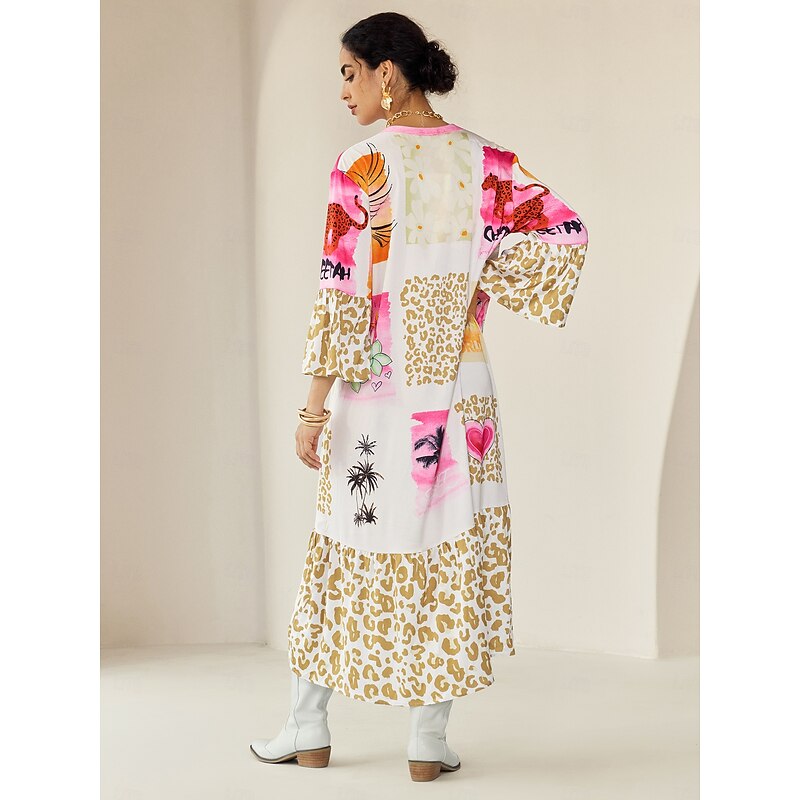 Satin Leopard Print Button Up Crew Neck Casual Daily Maxi Dress3