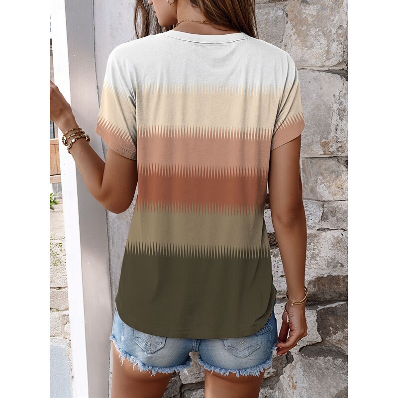 Women's T Shirt Casual Ombre Color Block Print Short Sleeve Regular Tops Round Neck Daily Brown Summer2