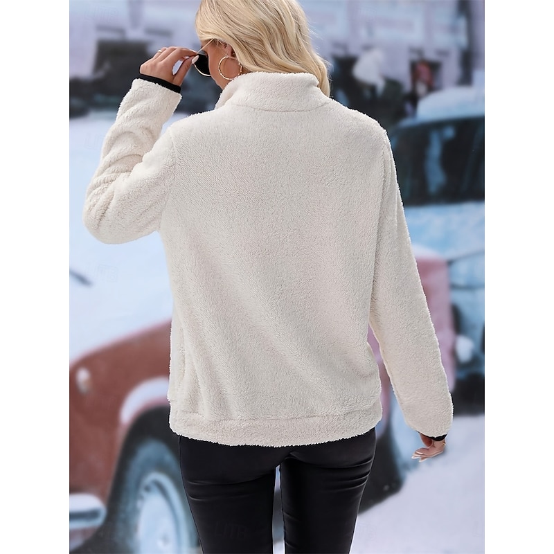 Women's Sweatshirt Casual Fleece Street Dailywear High Neck Zipper Pocket Long Sleeve White Wine Blue Purple Fall Winter2