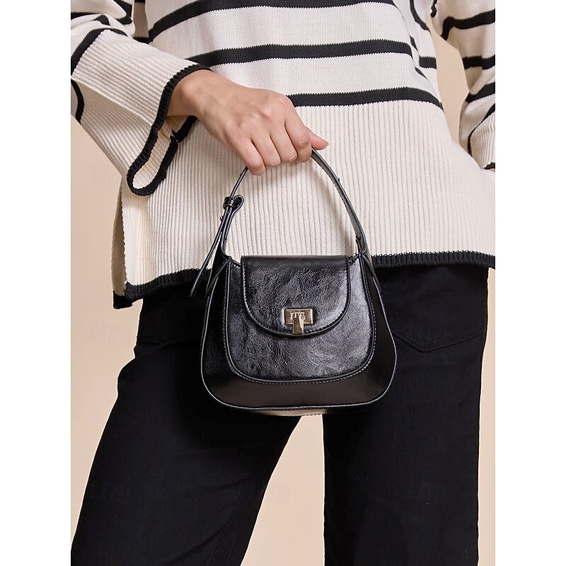 Women's Classic Black Leather Handbag - Elegant Flap Closure with Gold-Tone Hardware, Perfect for Professional and Evening Wear2