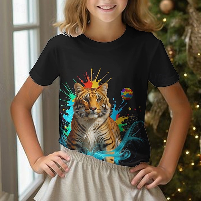 Girls' 3D Graphic Animal Tiger Tee Short Sleeve Summer Spring Fashion Basic Kids 4-12 Years Crew Neck Outdoor Casual Daily Regular Fit2