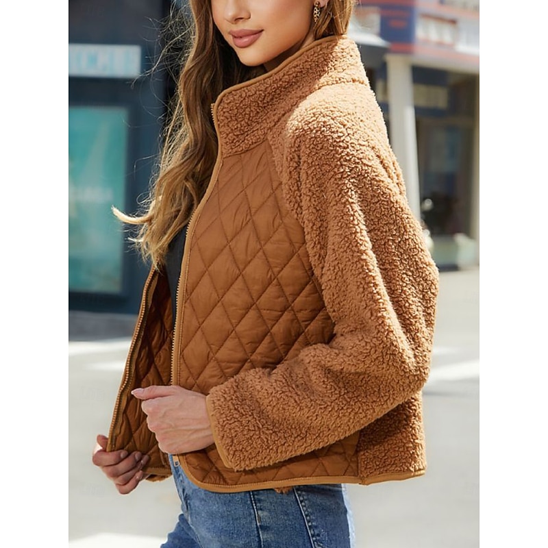 Women's Fleece Jacket Warm Zipper Fashion Modern Casual Plain Work Daily Wear Zipper Short Stand Collar Loose Fit Long Sleeve Outerwear Black White Red Fall Winter2