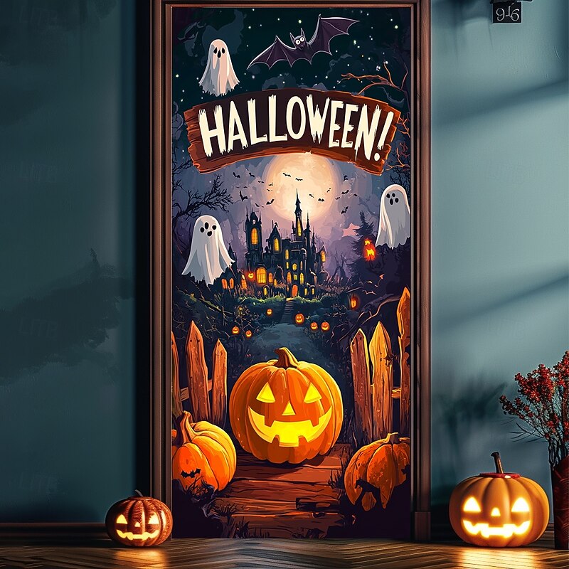Halloween Door Decorations Halloween Door Covers Jack O Lantern Pumpkin Door Curtain Door Tapestry Decoration Backdrop Door Banner for Front Door Farmhouse Holiday Party Indoor Outdoor Decor Supplies4