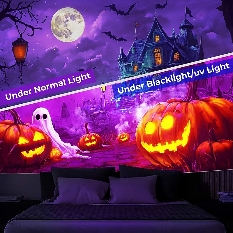 Halloween Decorations Blacklight Tapestry UV Reactive Glow in the Dark Glow Party Haunted House Psychedelic Trippy Misty Hanging Tapestry Wall Art Mural for Living Room Bedroom Ghost Pumpkins3