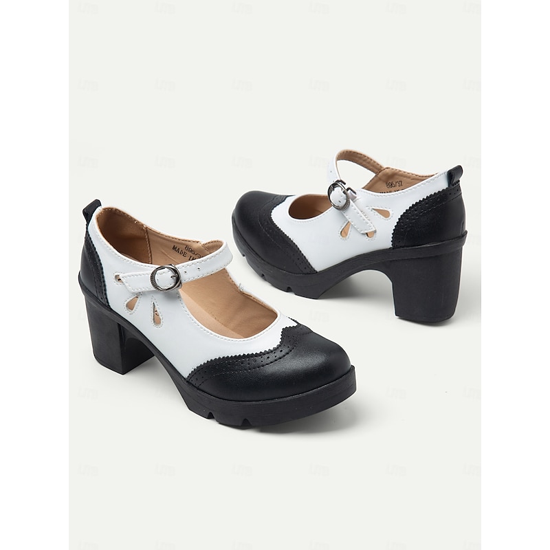 Women's Vintage Black and White Mary Jane Chunky Heel Shoes - Retro Brogue Style for Office and Casual Wear3