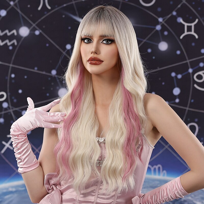 Synthetic Wig Uniforms Career Costumes Princess Curly Wavy Middle Part Layered Haircut Machine Made Wig 24 inch Gold Pink Synthetic Hair Women's Cosplay Party Fashion Blonde2