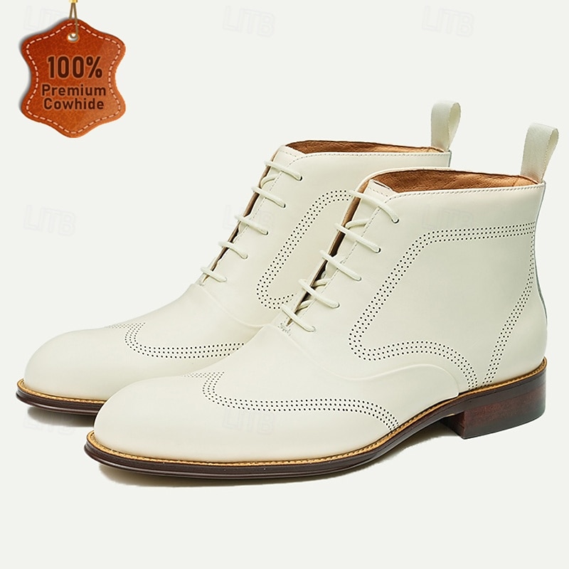 Men's Premium Cowhide White Oxford Boots – Perforated Design, Business Formal Leather Ankle Boots