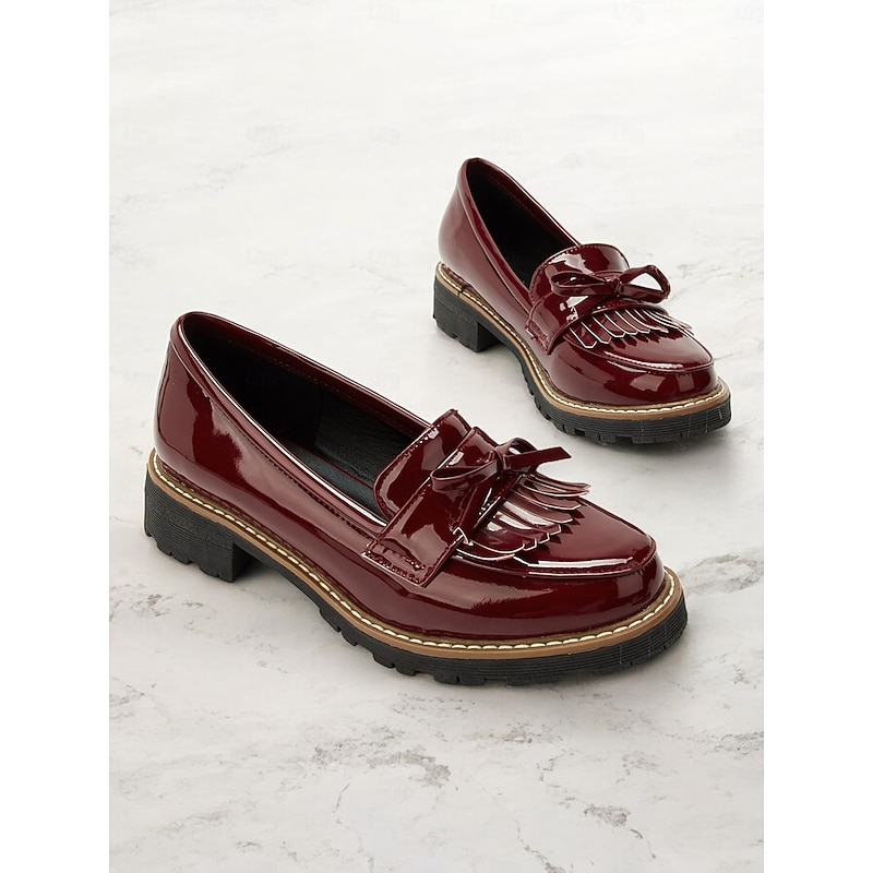 Women's Burgundy Patent Leather Loafers with Fringe Tassel Detail and Chunky Heel, Perfect for Office Wear and Casual Outfits2