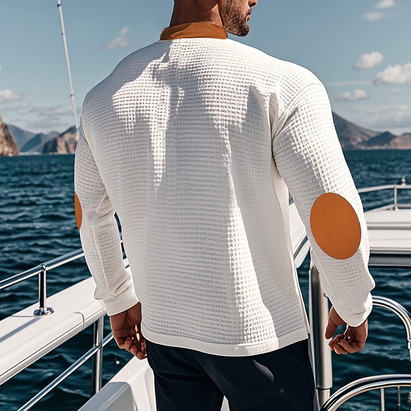 Men's Waffle Shirt T Shirt Tee Tee Top Long Sleeve V Neck Spring &  Fall Color Block Fashion Designer Basic Drawstring Vacation Street Going out Black White Royal Blue Top Tee for Men4