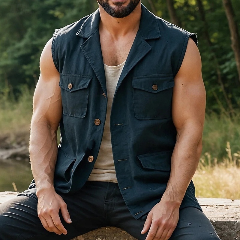 Men's Outdoor Jacket Hiking Vest Outdoor Sports & Outdoor Hiking Spring Autumn / Fall Cotton Multi Pockets Lightweight Solid Color Dark Blue Vest