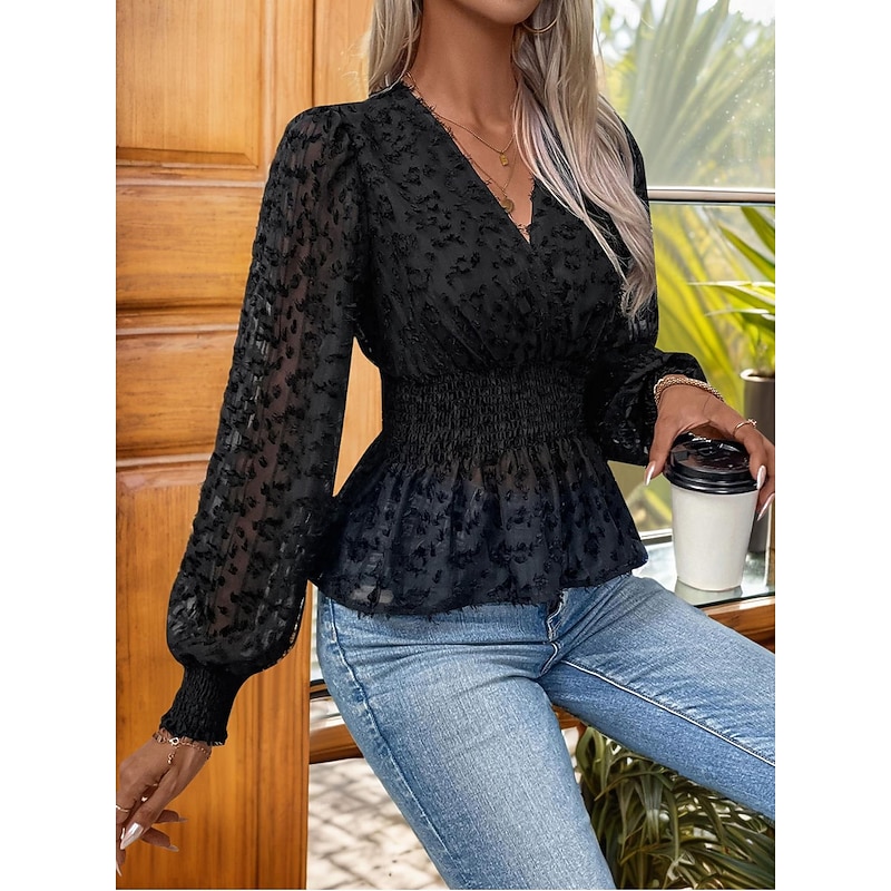 Women's Blouse Stylish Modern Long Sleeve Regular Tops V Neck Work Daily Black Spring Fall3