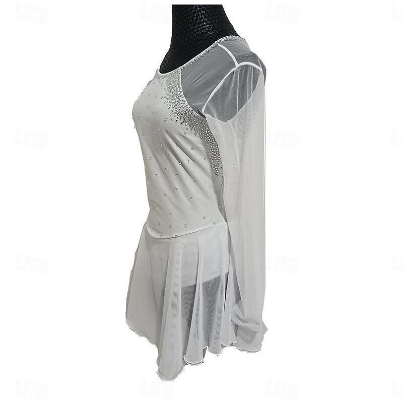 Figure Skating Dress Women's Girls' Ice Skating Dress White Patchwork Thumbhole Stretchy Training Practice Professional Skating Wear Crystal / Rhinestone Long Sleeve Ice Skating Figure Skating2