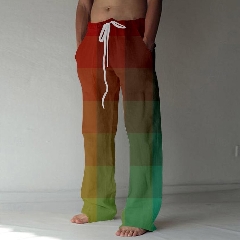 Men's Casual Pants Drawstring Straight Leg Geometric Vacation Casual Red Blue Inelastic4