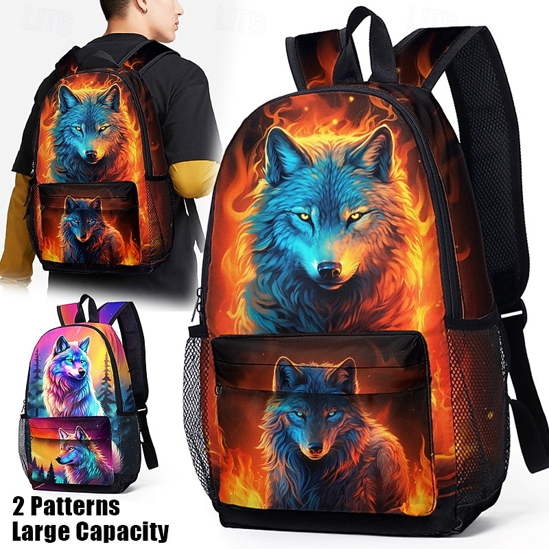 Large Capacity Wolf Print Backpack - Durable Polyester, 2 Patterns, Ideal for School, Travel, and Daily Use2