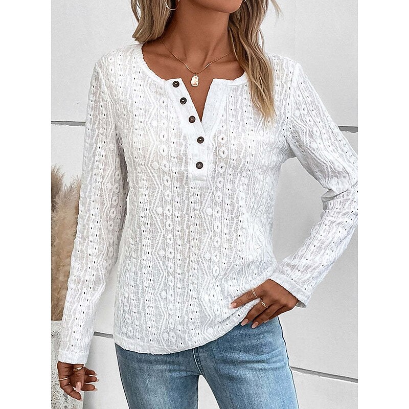 Women's Tunic Elegant Casual Lace Long Sleeve Regular Tops Daily Black White Beige Spring Fall4
