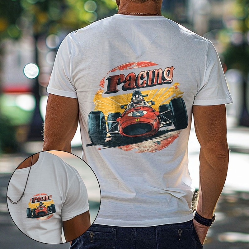 Men's Car Letter Printed T Shirt Tee Top 100% Cotton Short Sleeve Graphic Shirt White Army Green Dark Blue Comfortable Tee Street Sports Outdoor Fashion Designer Clothing