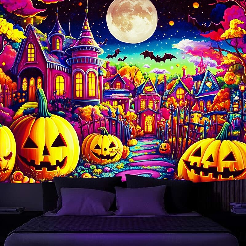 Halloween Decorations Blacklight Tapestry UV Reactive Glow in the Dark Glow Party Jack O Lantern Psychedelic Town Trippy Misty Hanging Tapestry Wall Art Mural for Living Room Bedroom2