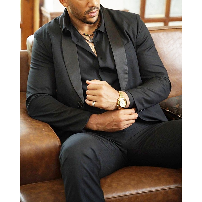 Men's Graduation Blazer Business Cocktail Party Wedding Party Fashion Casual Spring &  Fall 65% Cotton Plain Pocket Buttons Comfortable Single Breasted Blazer Black4