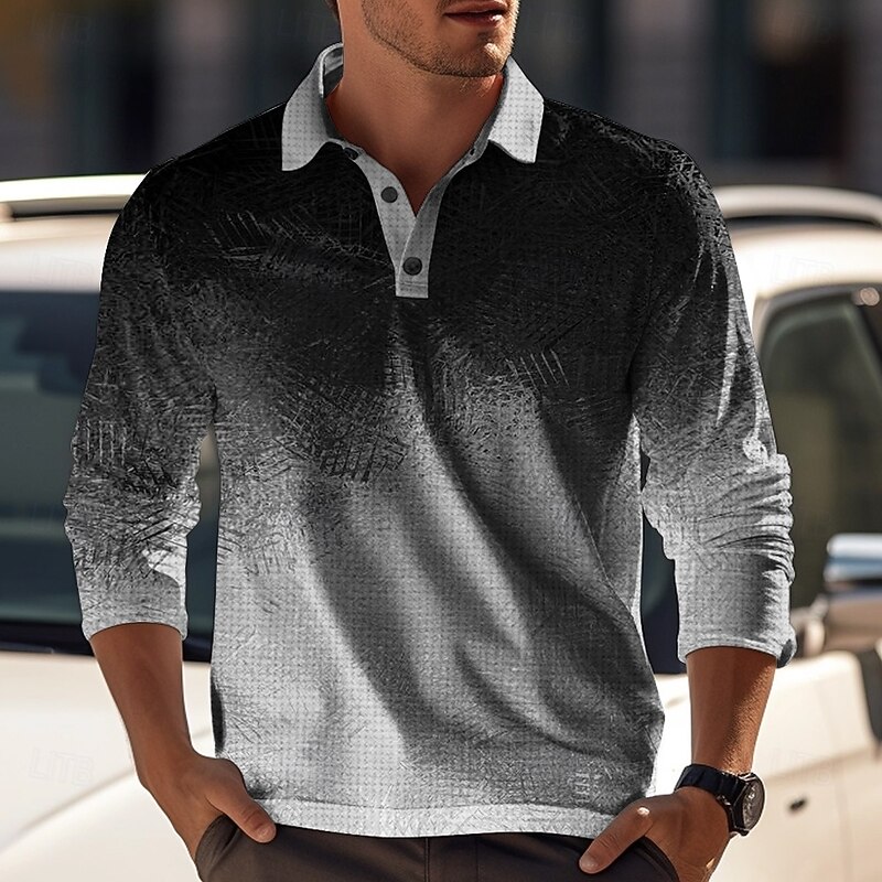 Men's Geometric Waffle Polo Shirts Golf Shirt Long Sleeve Polo Shirts Collared Shirts Casual Vacation Wear Formal Wear Festival Wear Buttons 3D Print Spring Fall & Winter Black Blue Orange