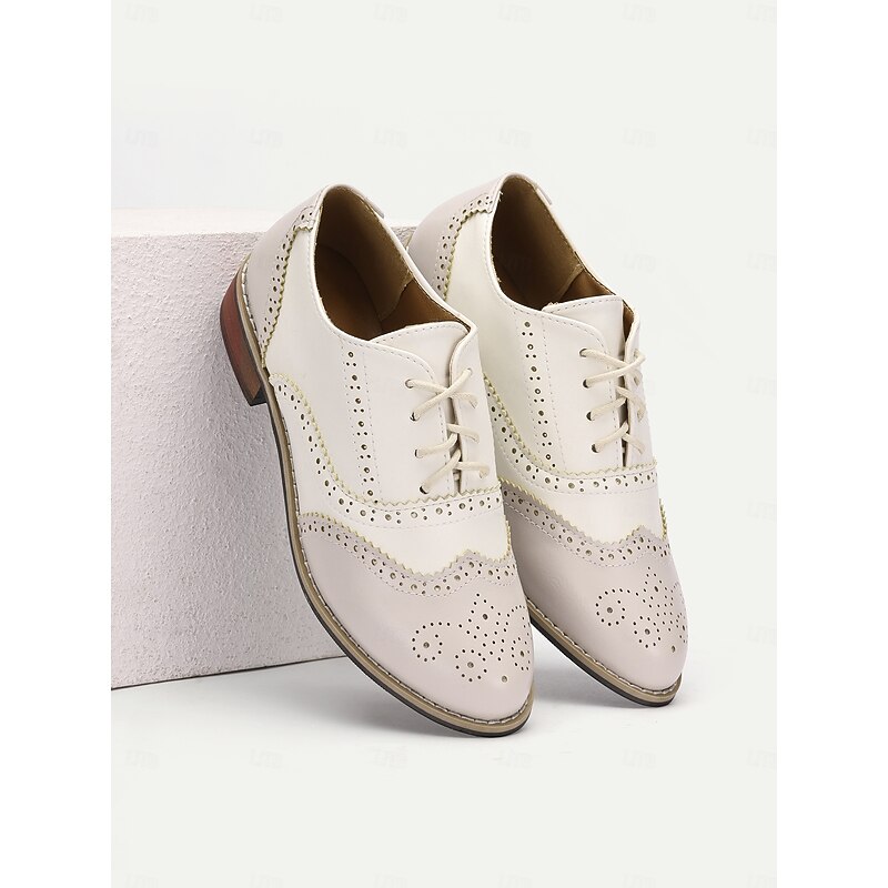 Women's Cream and White Faux Leather Brogue Oxford Shoes with Lace-Up Closure - Vintage-Inspired Formal Footwear3