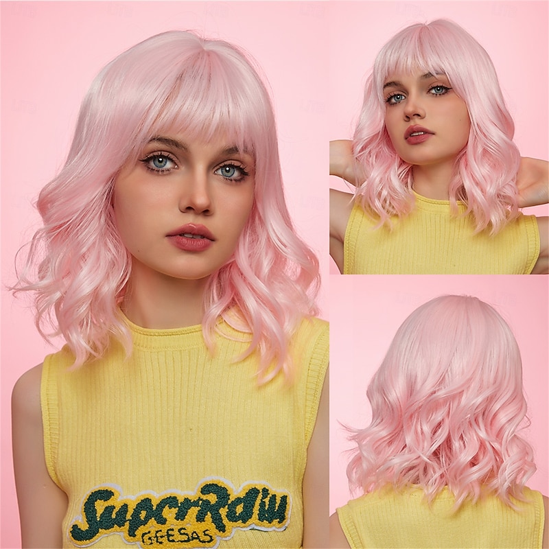 Synthetic Wig Uniforms Career Costumes Princess Curly Wavy Middle Part Layered Haircut Machine Made Wig 14 inch Pink+Red Synthetic Hair Women's Cosplay Party Fashion Pink