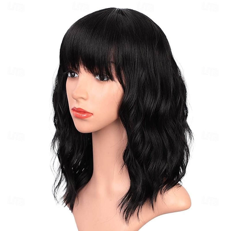 Wigs with Bangs for Women Synthetic Curly Bob Wig for Girl Natural Looking Wavy Wigs