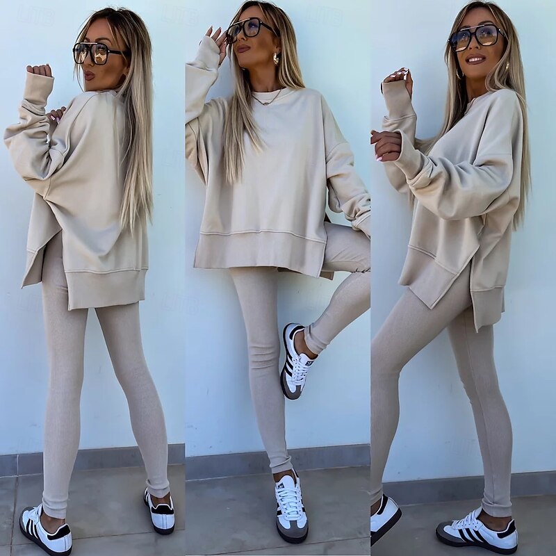 Women's Tracksuits Sets Pure Color Fashion Comfort Daily Gyms Cotton Blend Breathable Crew Neck Long Sleeve Hoodie Pant Spring Fall Home Outfits3