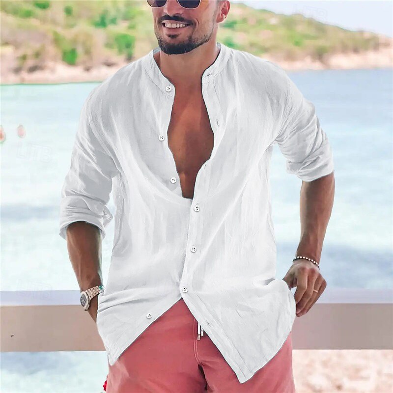 Men's Shirt Band Collar Shirt Popover Shirt Summer Shirt Beach Wear Button Up Shirt Plain Vacation Curise Black White Pink Green Long Sleeve Band Collar Spring & Summer Clothing Apparel 6