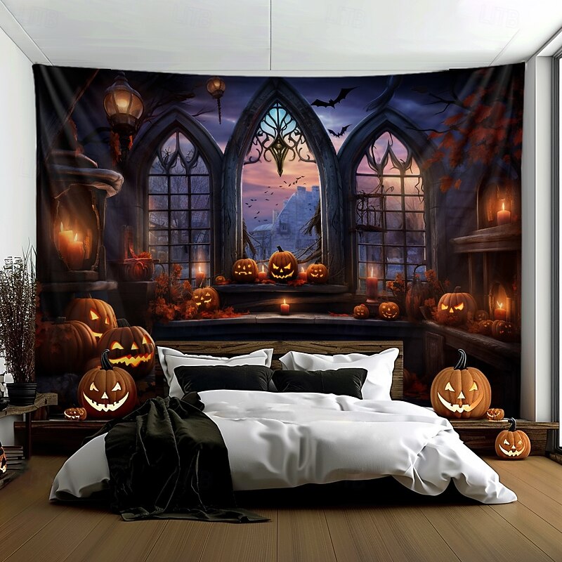 Halloween Decorations Pumpkins Window Hanging Tapestry Wall Art Large Tapestry Mural Decor Photograph Backdrop Blanket Curtain Home Bedroom Living Room Decoration2